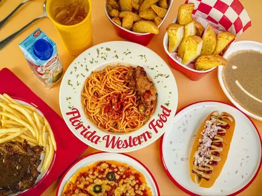 Spaghetti, fries, garlic bread, pizza and a hot dog served on Florida Western Food plates